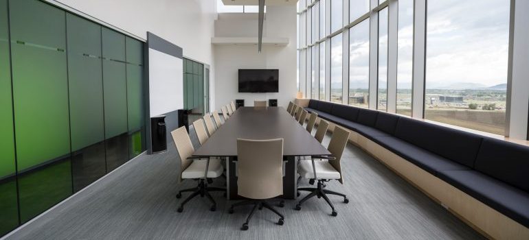 A table and chairs in an office