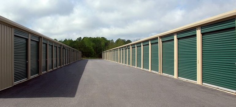 A series of green garage doors.