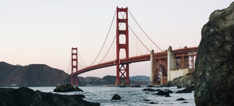 The Golden Gate bridge viewed from the river.